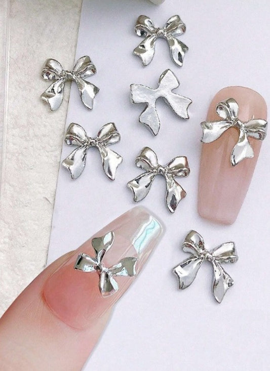Bows Metallic Silver Charms Nail Art Decoration 2pcs