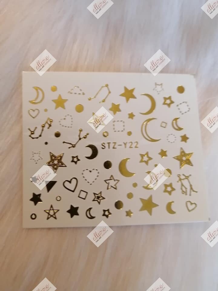 Gold Metallic Lines Stars Moon Nail Decal