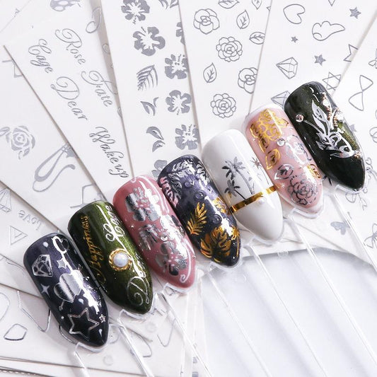 Silver Metallic Diamond Heart Wings Cross Star Nail Decal