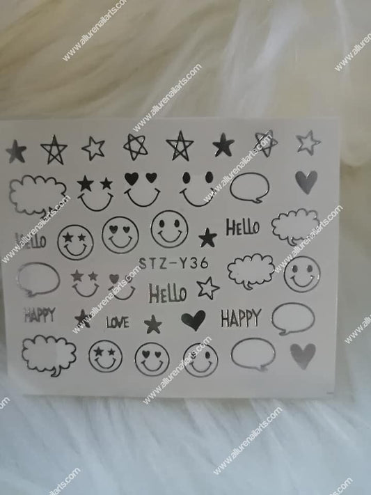 Silver Metallic Smiley face Cloud Text Star Nail Decal