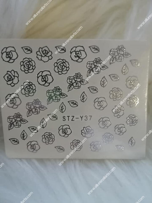 Silver Metallic Flower Leaves Nail Decal