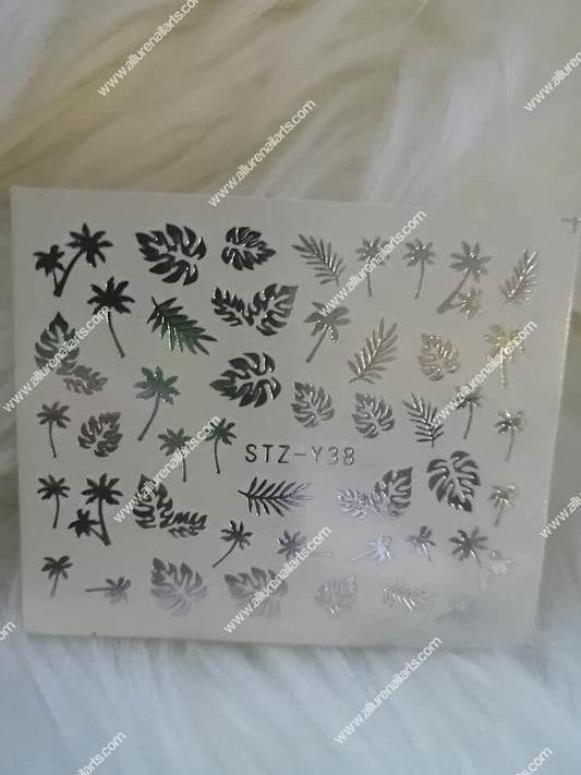 Silver Metallic Tropical Flower Leaves Nail Decal