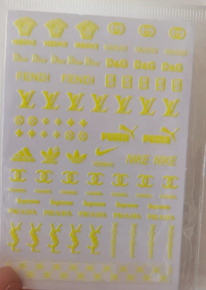 Yellow Fashion Design Brand Sport Text Geometric Nail Sticker