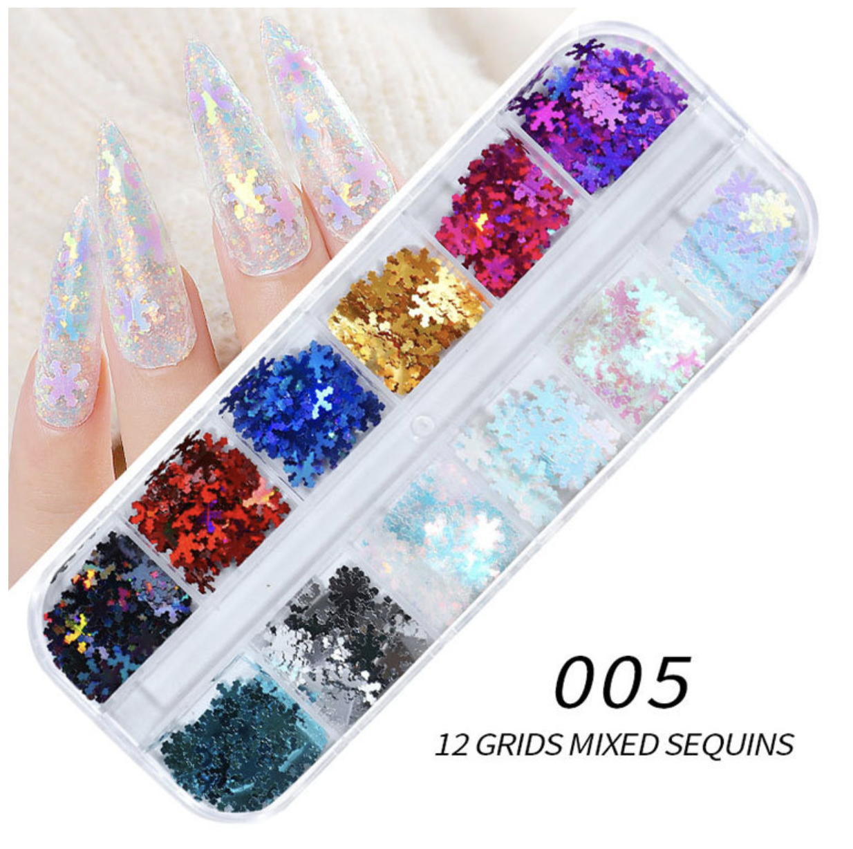 Christmas Nail Glitter Sequins, 12 Grids Holographic Snowflake