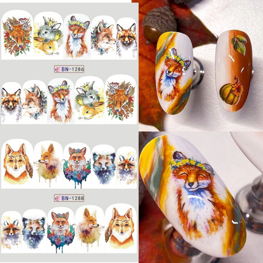 Wolf Fox Autumn Flower Nail Water Transfer Decal