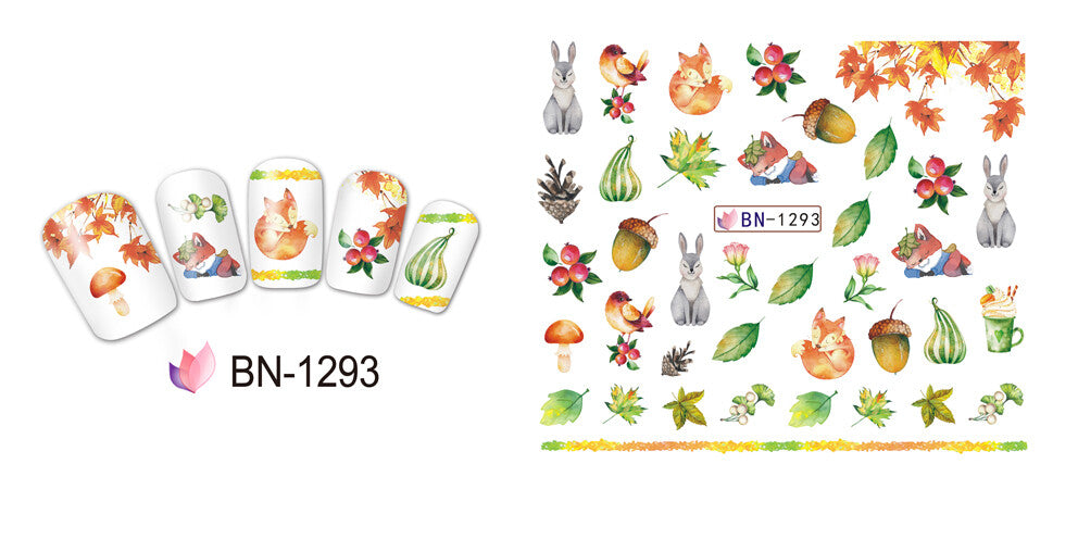 Wolf Fox Autumn Flower Nail Water Transfer Decal