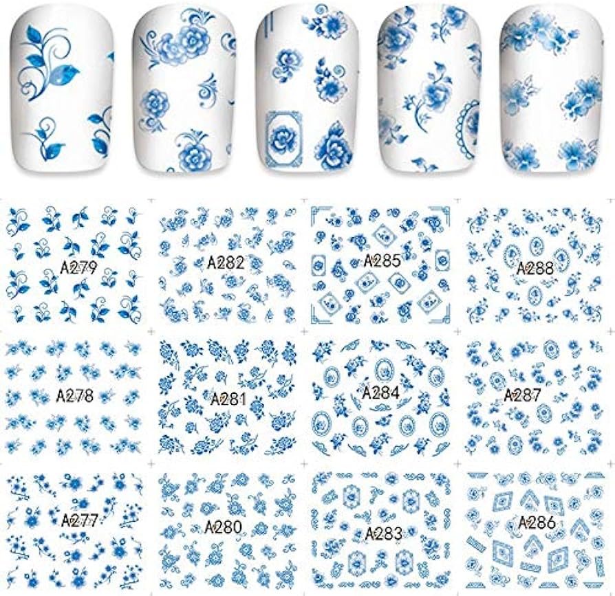 Blue Oriental Flower Nail Decal A279-288 Range