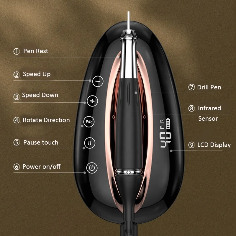 Black Brushless Portable Rechargeable Cordless Nail Drill Machine