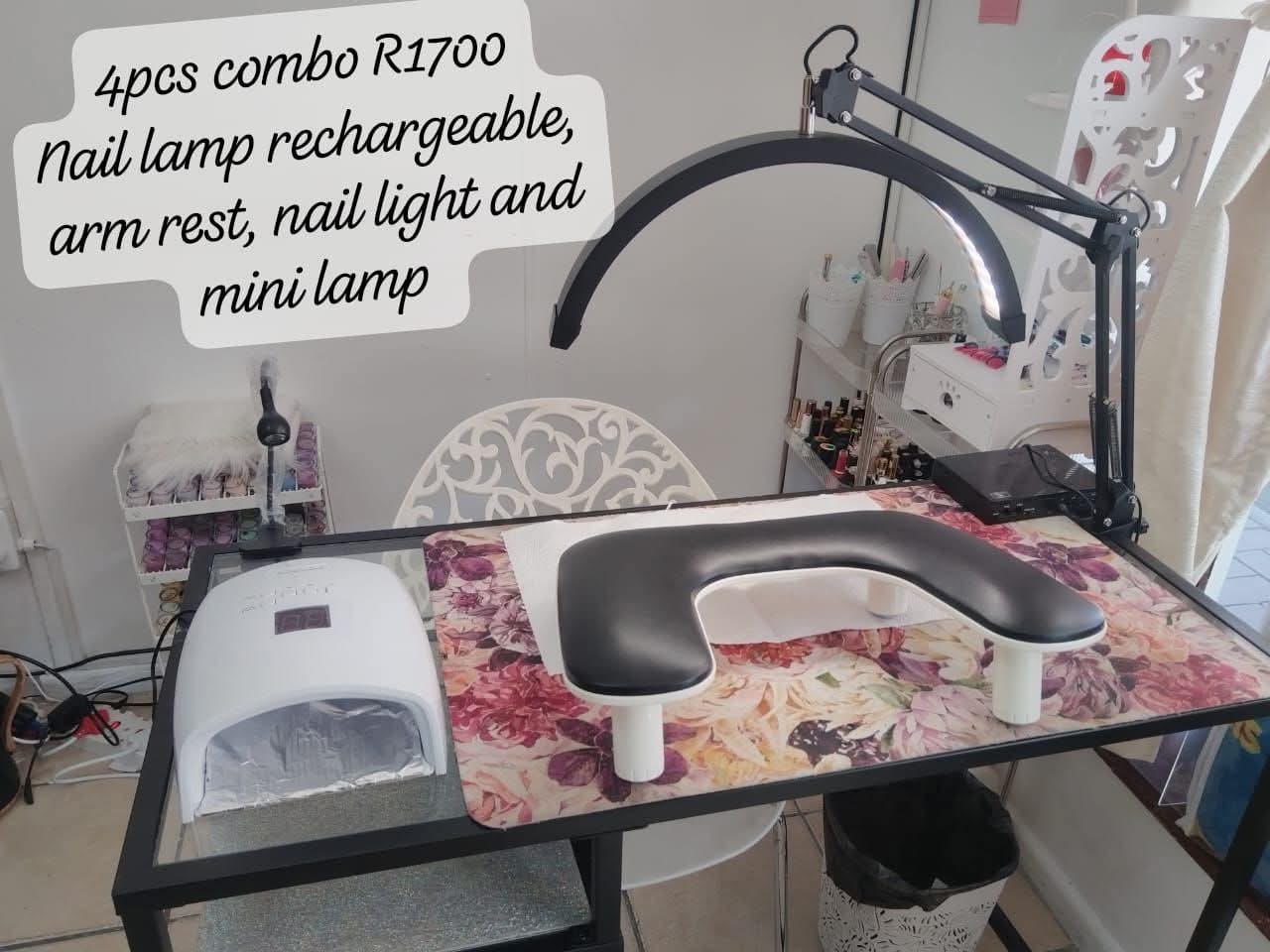 Nail tech 4pcs combo. Includes Rechargeable lamp, mini lamp, table moon lamp and arm rest.
