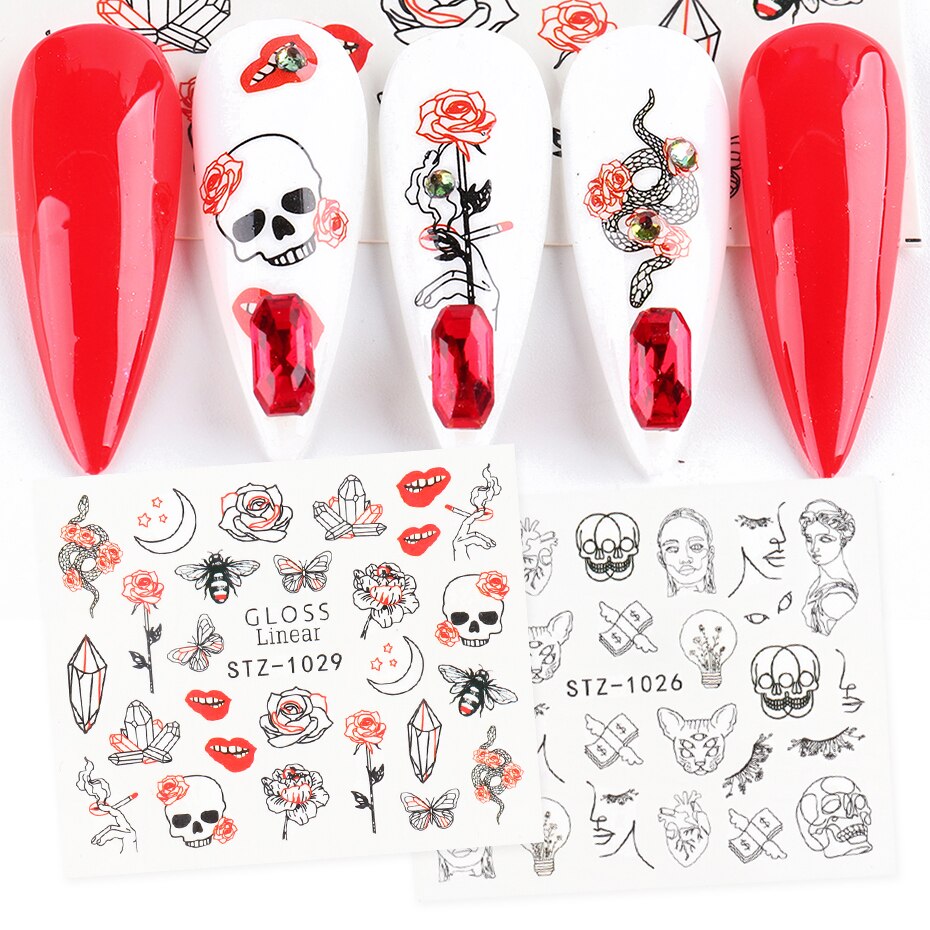 Abstract Skull Rose Bee Smoke Snake Lips Nail Decal