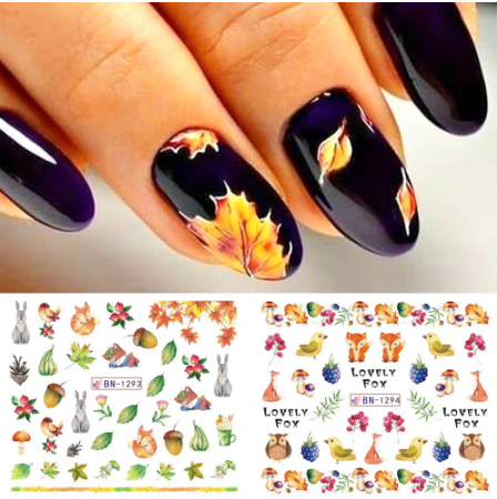 Wolf Fox Autumn Flower Nail Water Transfer Decal