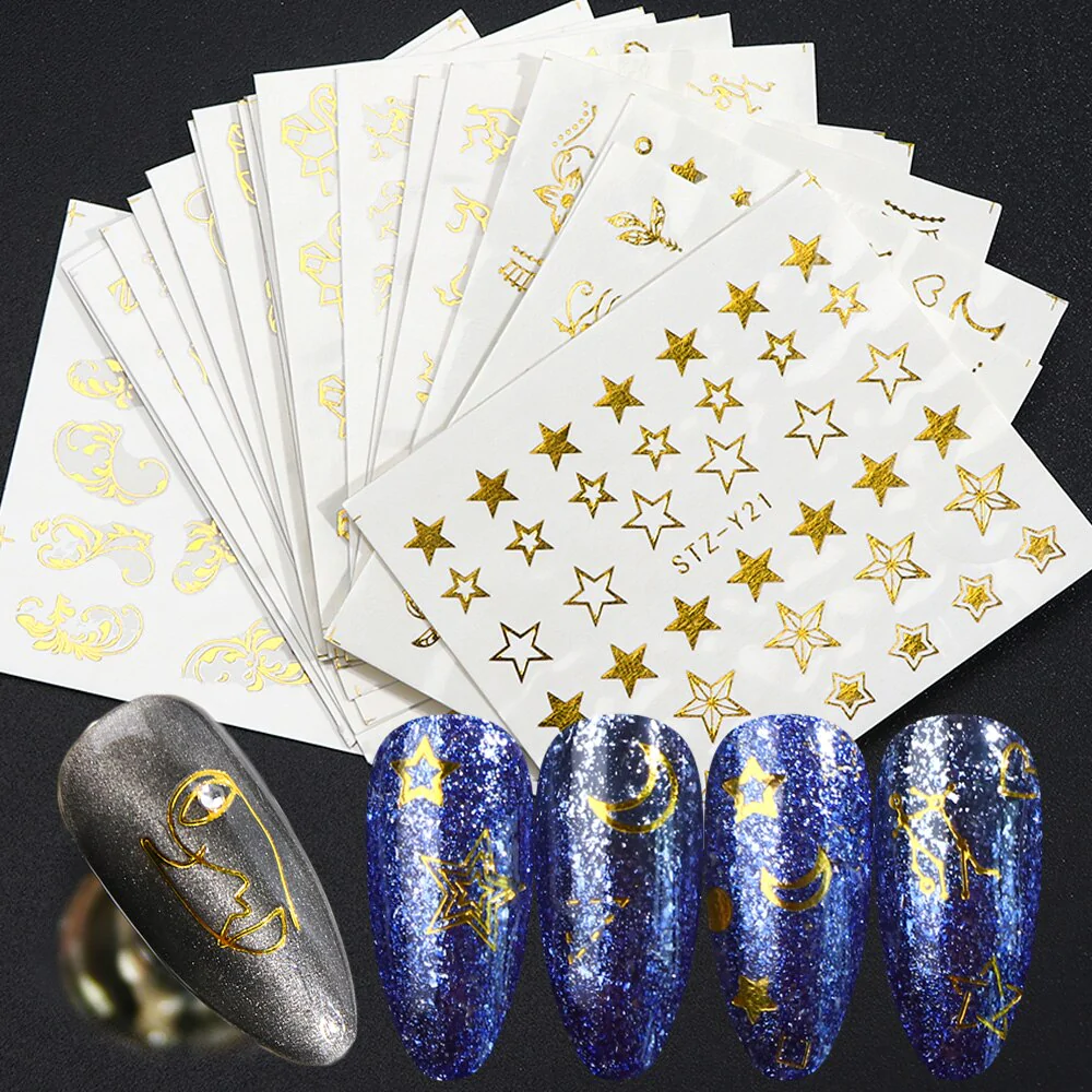 Gold Metallic Lines Stars Nail Decal