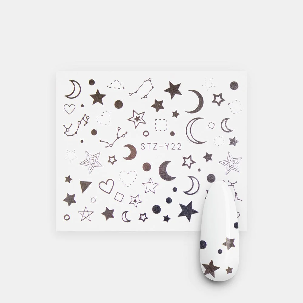 Silver Metallic Lines Stars Moon Nail Decal