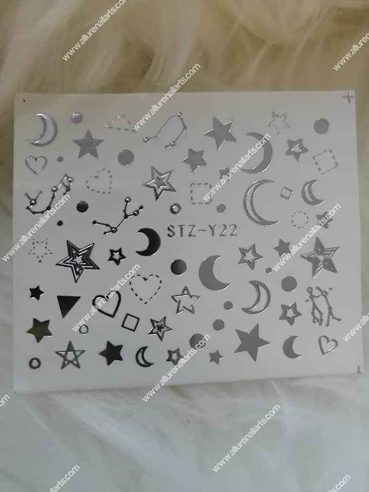 Silver Metallic Lines Stars Moon Nail Decal