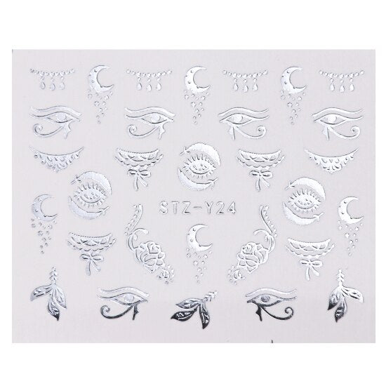 Silver Metallic Eyes Moon Flower Stars Leaves Lace Nail Decal