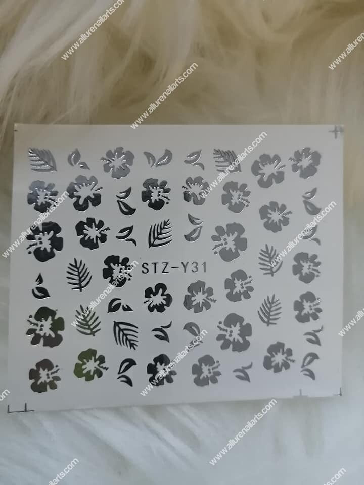 Silver Metallic Tropical Flower Leaves Nail Decal