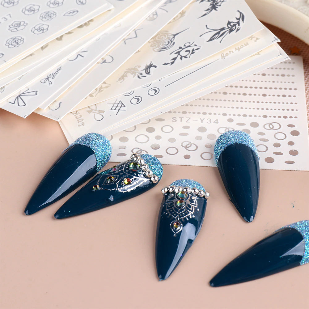 Silver Metallic Lines Dots Circles Nail Decal