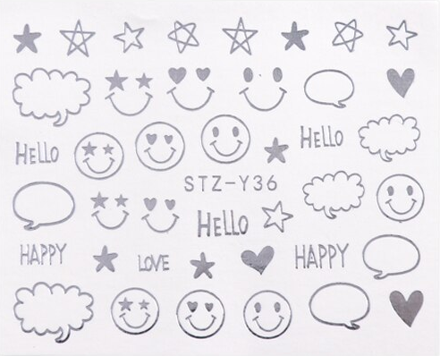 Silver Metallic Smiley face Cloud Text Star Nail Decal