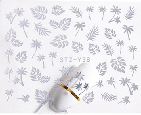 Silver Metallic Tropical Flower Leaves Nail Decal