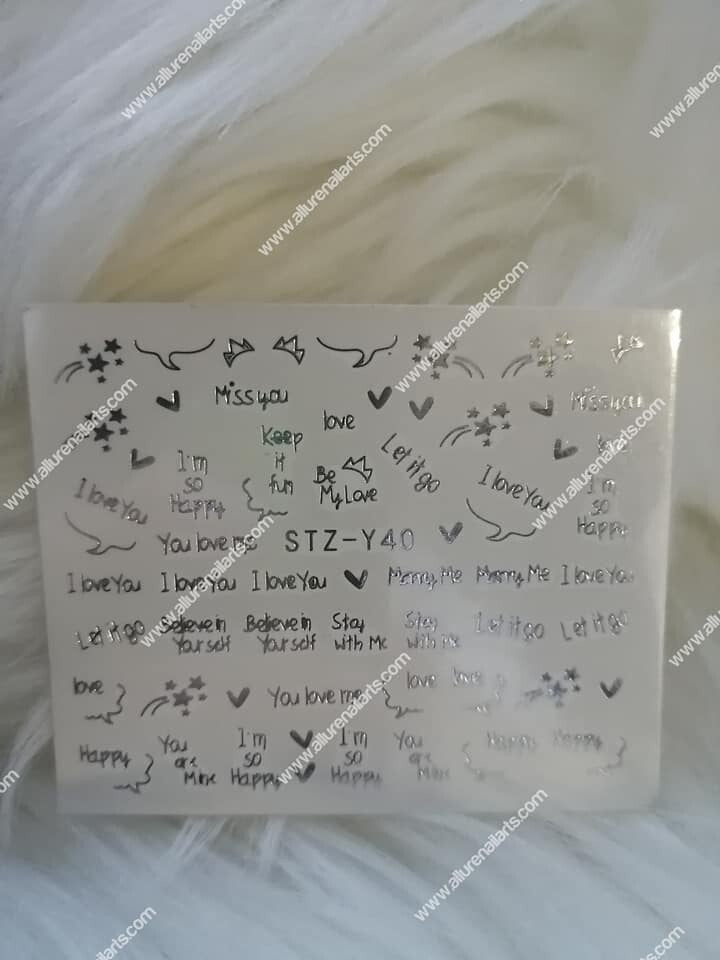 Silver Metallic Texts Words Stars Hearts Nail Decal