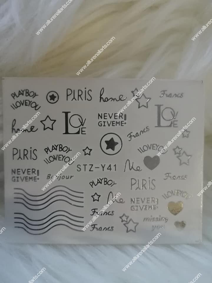 Silver Metallic Texts Words Stars Hearts Love Nail Decal