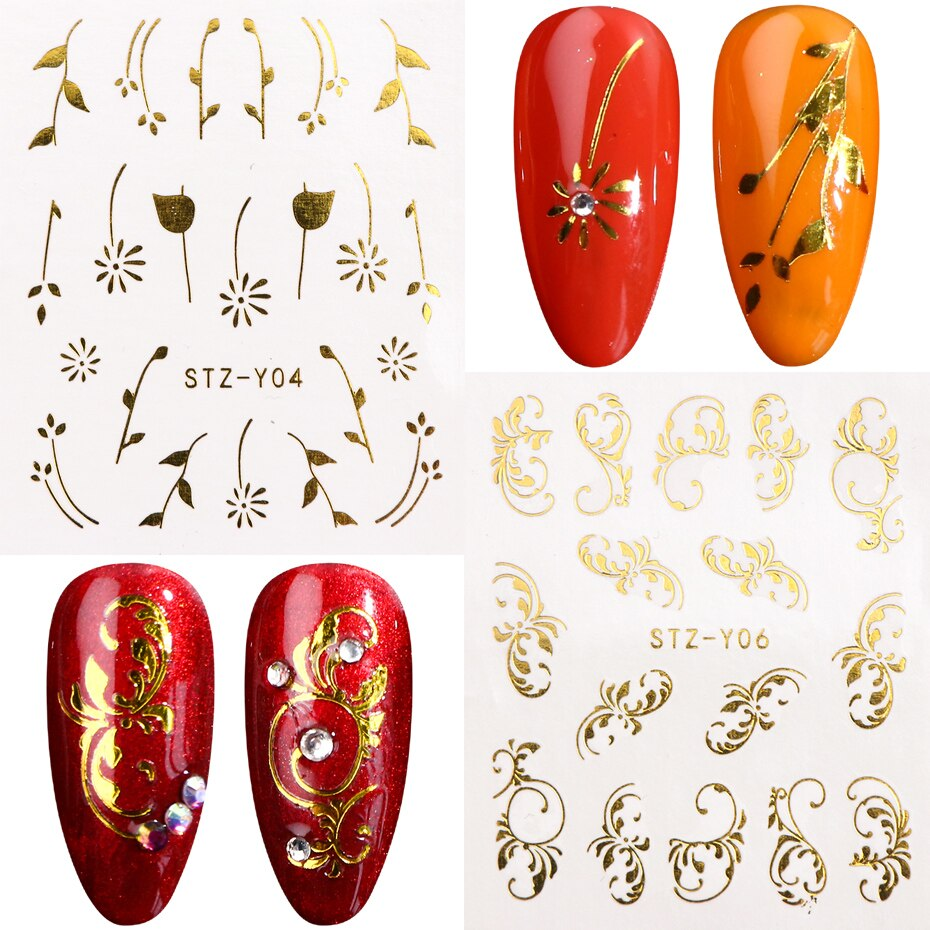 Gold Metallic Leaves Flower Nail Decal