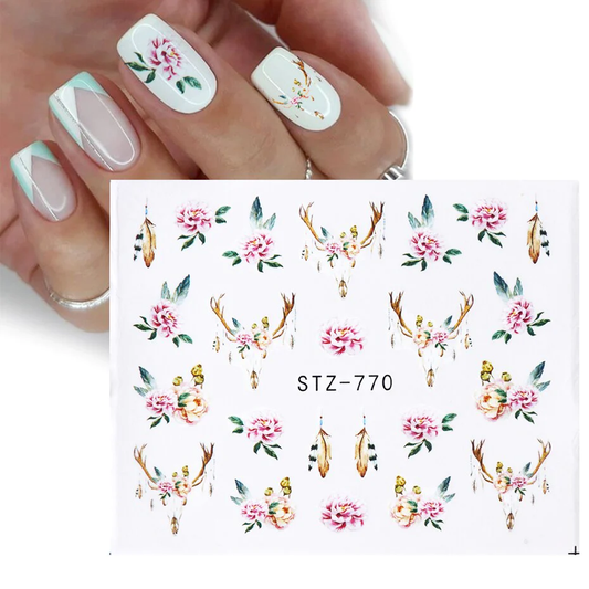 Feather Deer Head Flower Nail Decal