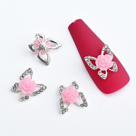 Butterfly Rose Silver Rhinestone Charms Nail Art Decoration